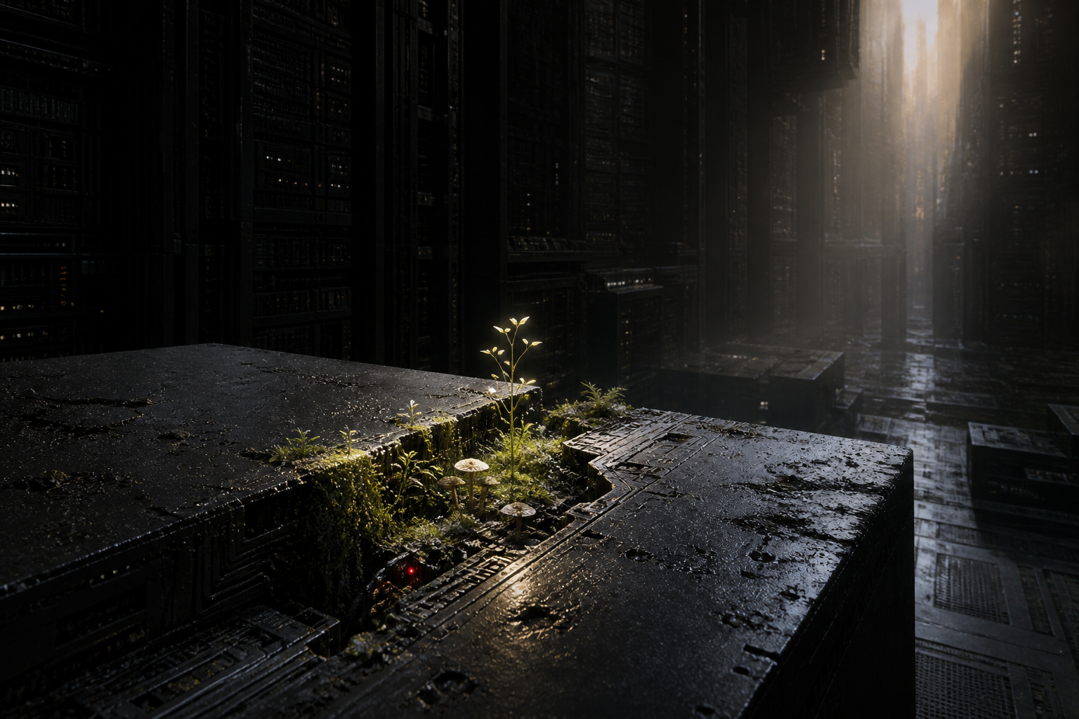 A broken black computational structure holding moss, fungi, and one luminous sprout while a red error light remains visible beneath it.